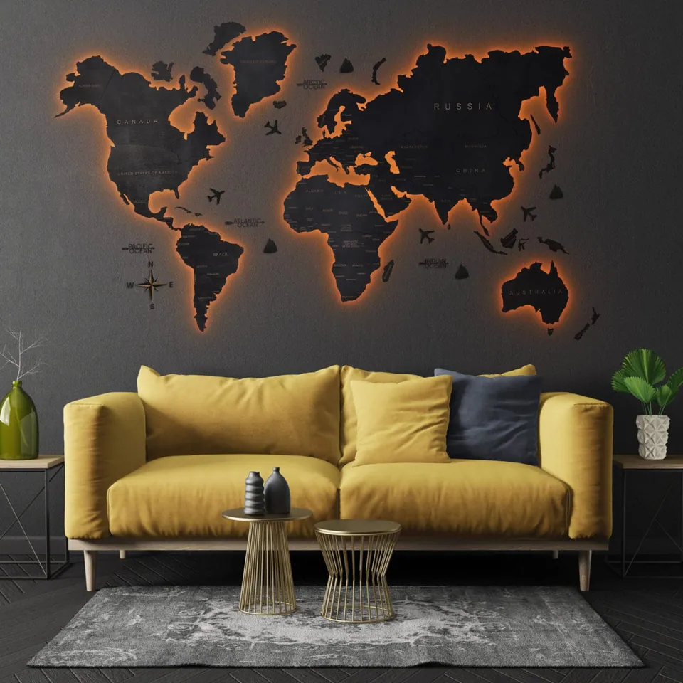 Carte du monde en bois LED
